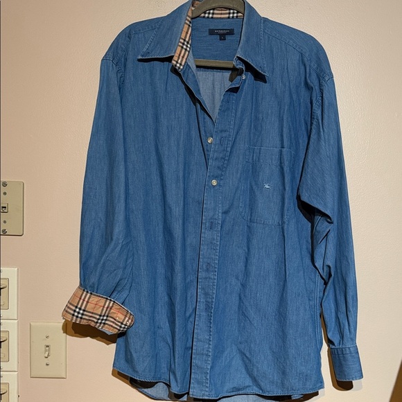 Burberry Other - Burberry Blue Denim Shirt with Black Trim and Beige Plaid Collar